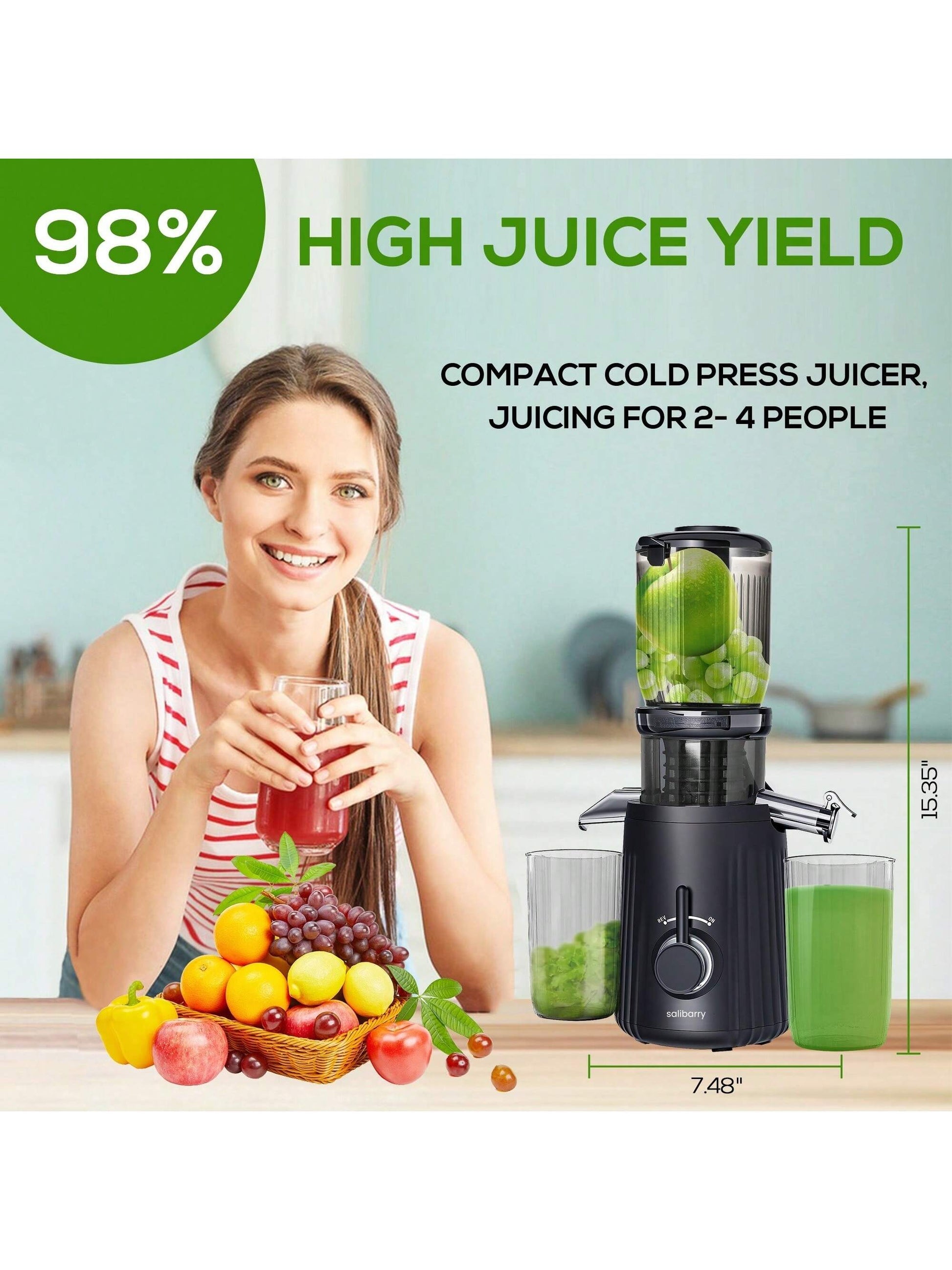 Salibarry Cold Press Juicer, Salibarry Slow Masticating Juicer Machines with 4.1" Large Feed Chute Fit Whole Vegetable and Fruit, Self Feeding Slow Juicer Easy to Clean, Quiet Motor Fruit Presses for Household Purposes