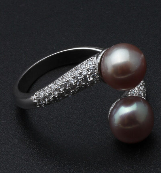 Real 925 Sterling Silver Double Pearl Rings Women,daughter gift bridal black pearl ring