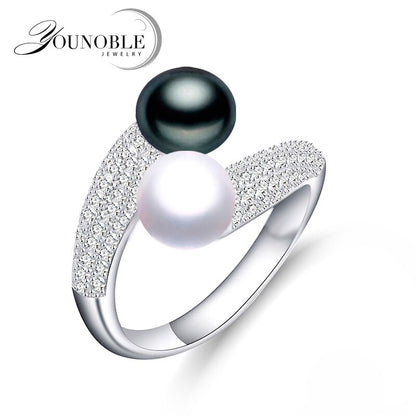 Real 925 Sterling Silver Double Pearl Rings Women,daughter gift bridal black pearl ring