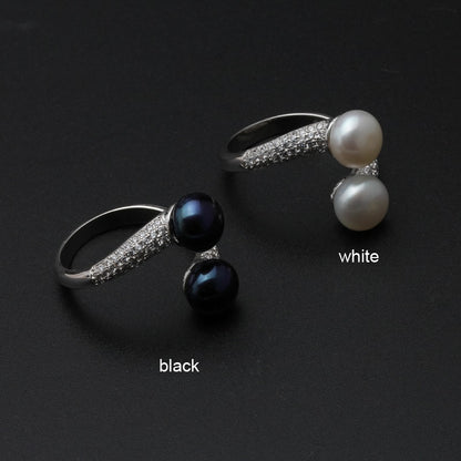 Real 925 Sterling Silver Double Pearl Rings Women,daughter gift bridal black pearl ring