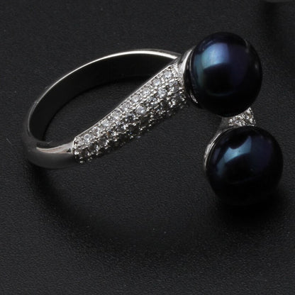 Real 925 Sterling Silver Double Pearl Rings Women,daughter gift bridal black pearl ring