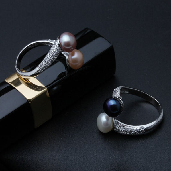 Real 925 Sterling Silver Double Pearl Rings Women,daughter gift bridal black pearl ring