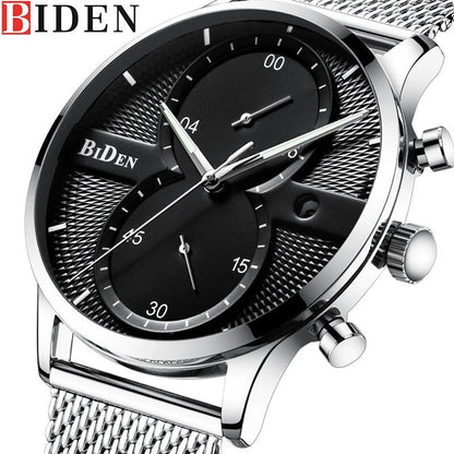 BIDEN07 Steel Mesh Band Chronograph Date Sports Watch