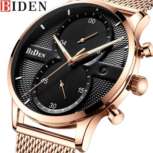 BIDEN07 Steel Mesh Band Chronograph Date Sports Watch