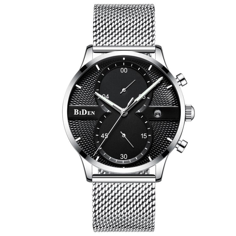 BIDEN07 Steel Mesh Band Chronograph Date Sports Watch