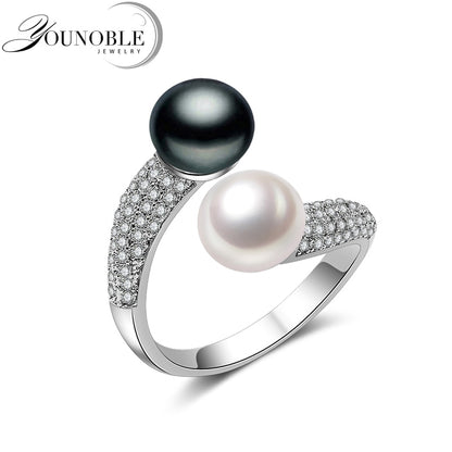 Real 925 Sterling Silver Double Pearl Rings Women,daughter gift bridal black pearl ring